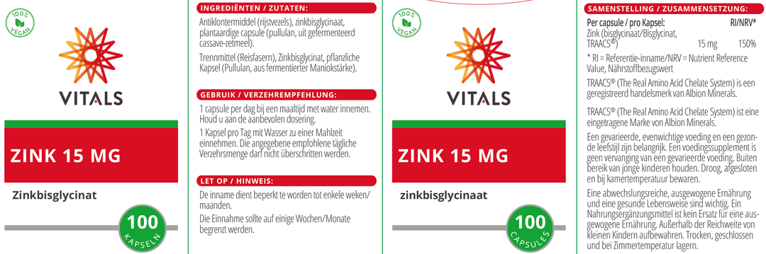 Vitals Zink(bisglycinaat) 15 mg 100 capsules