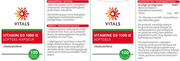 Vitals Vitamine D3 1000 ie Softgels 100 softgels