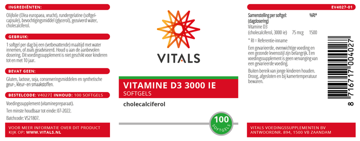 Vitals Vitamine D3 3000 ie Softgels 100 softgels