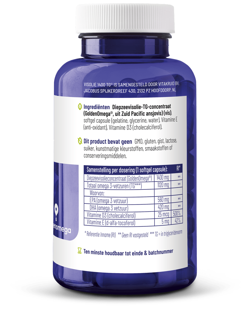 Vitakruid Visolie 1400 met D3 Triglyceriden EPA 40% DHA 30% 60 softgels