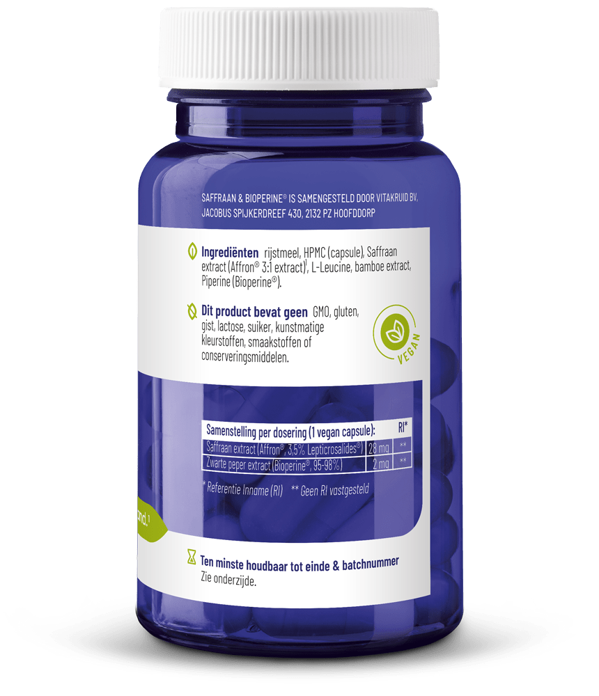 Vitakruid Saffraan 28 mg (Affron) & bioperine 60 vegetarische capsules