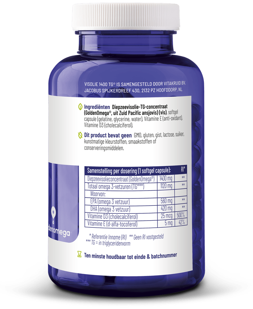 Vitakruid Visolie 1400 + D3 triglyceriden EPA 40% DHA 30% 90 softgels